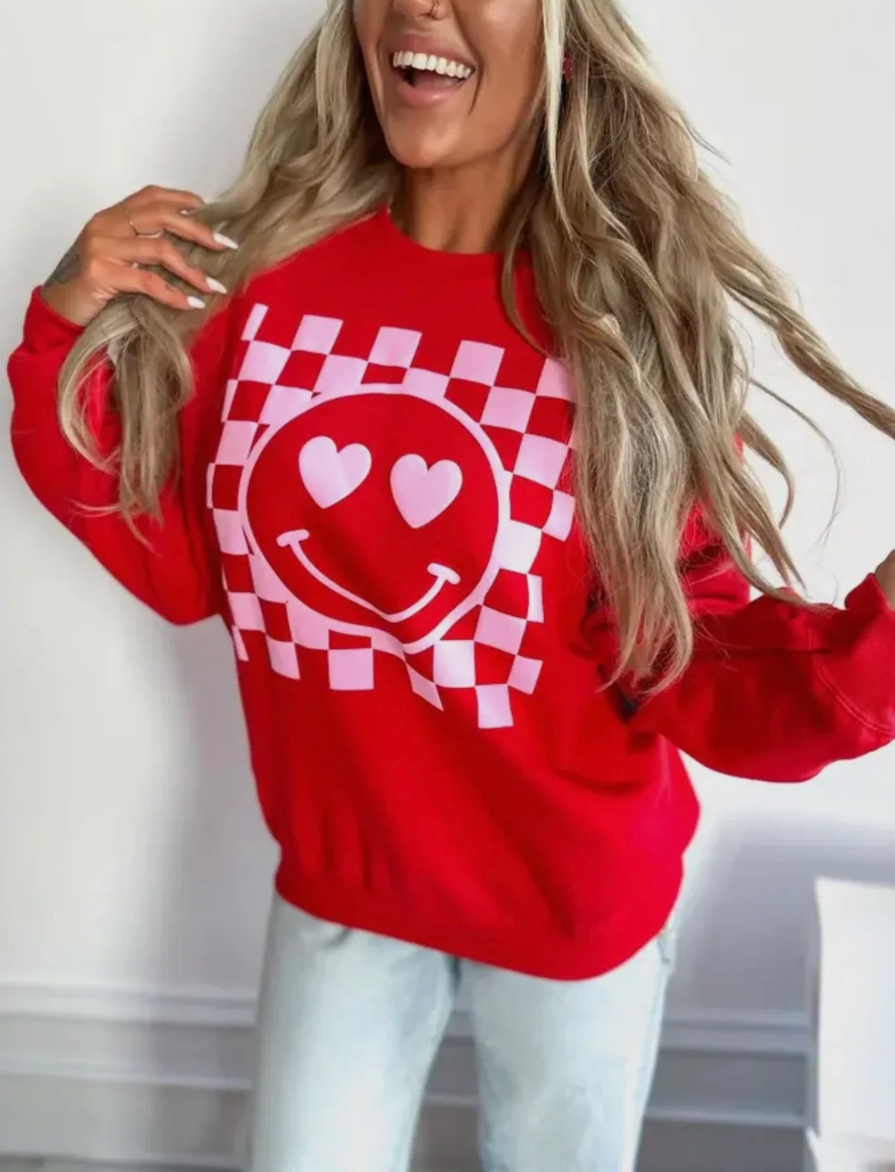 Checkered Heart Smiley Sweatshirt