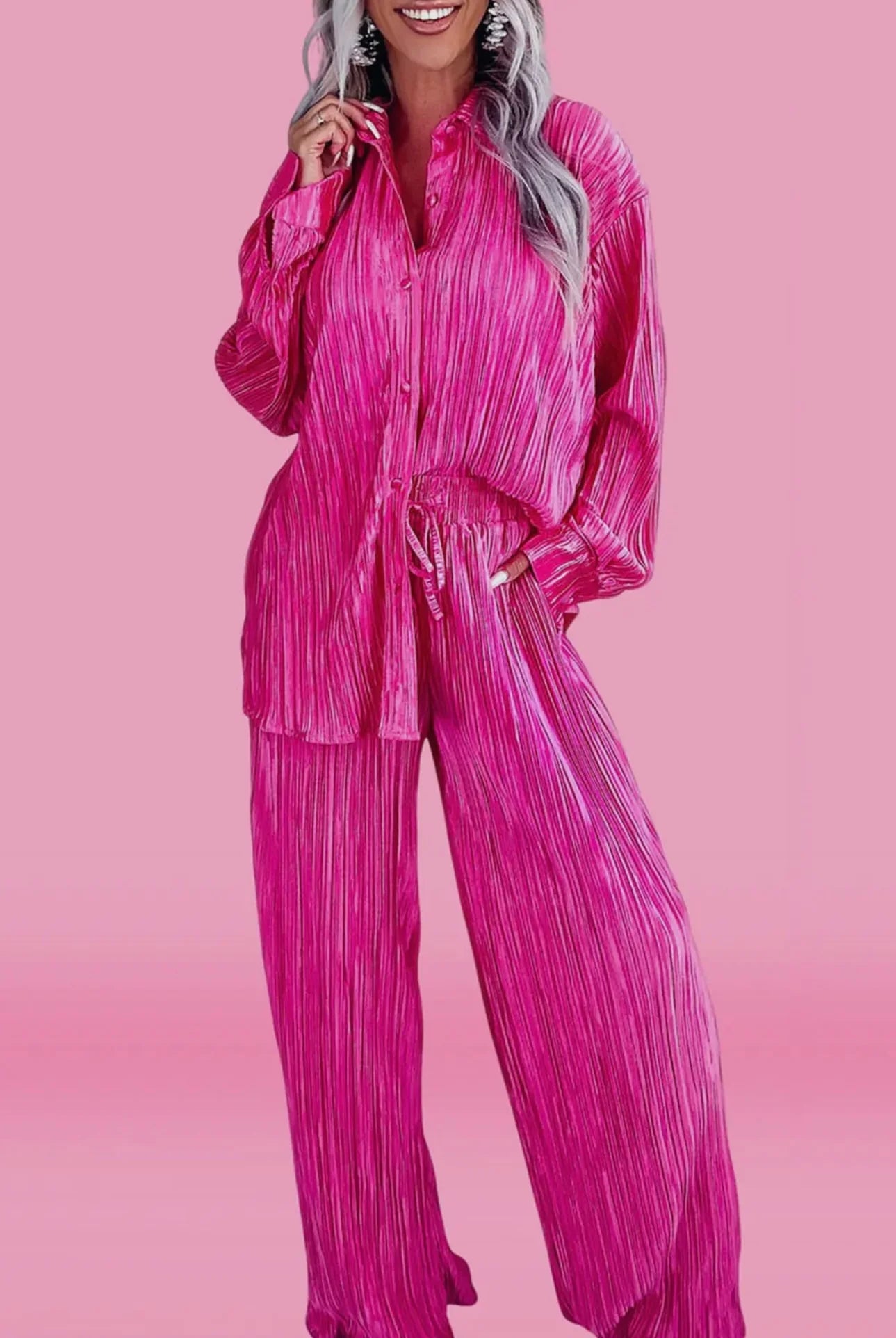 Long Sleeve Hot Pink Pleated Set