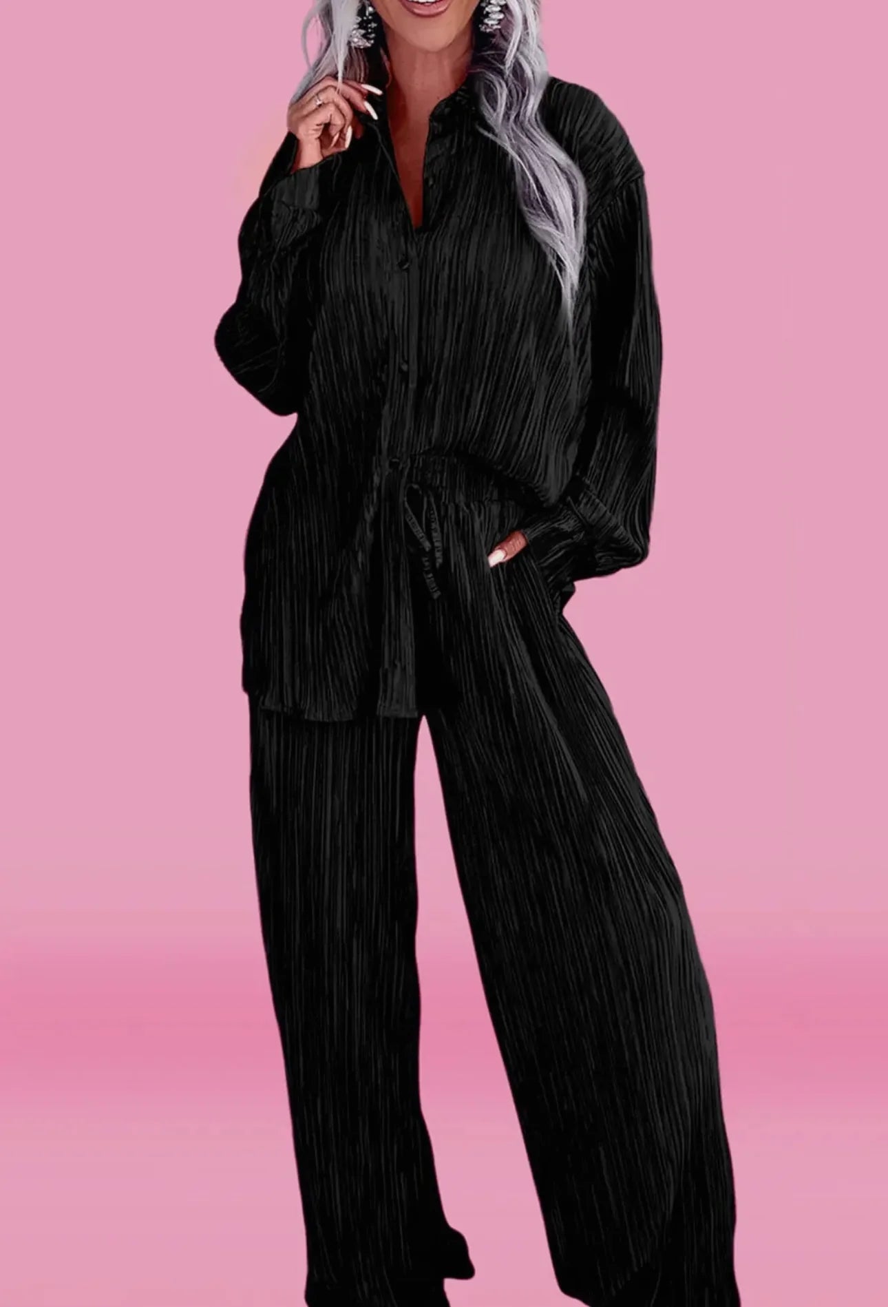 Black Pleated Long Sleeve Set